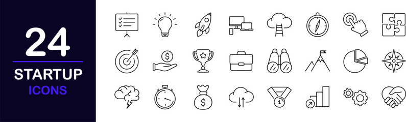 Startup web icons set. Startup - simple thin line icons collection. Containing strategy, business innovation report, development plan, startup space rocket and more. Simple web icons set