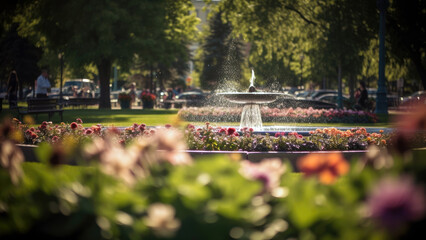 Fototapeta premium city park scene with lush green lawns, blooming flower beds, and a sparkling fountain, summer, Generative AI
