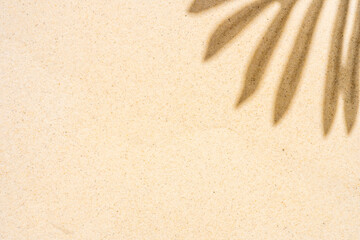 Background of palm leaf shadow on light beach sand with a place for text. Top view.