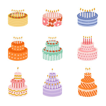 Set of cute birthday cake with burning candles. Dessert for celebration, anniversary, wedding. Stylized vector illustration of holiday cupcake. Trendy hand drawn clipart in the scandinavian style.