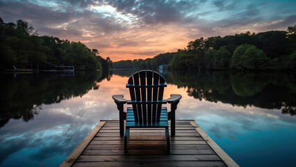 lakeside view at sunset, with the water reflecting the vibrant colors of the sky, summer, Generative AI