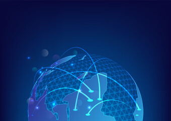 World map. Global business social network. Blue background futuristic with planet Earth. Internet and technology.