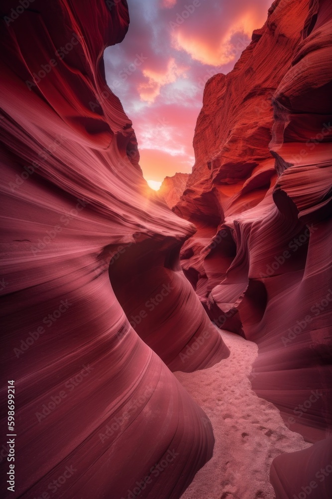 Poster the sun is setting in the canyons of the desert. ai generative image.