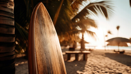 Obraz na płótnie Canvas vintage surfboard, leaning against a palm tree near the beach, summer, Generative AI