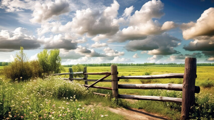 Fototapeta na wymiar countryside scene with a rustic wooden fence, sprawling green fields, summer, Generative AI