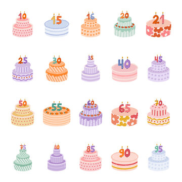 Set of birthday cake with burning candles in the form of numbers. Dessert for celebration each year of birth, anniversary. Stylized hand drawn clipart of holiday cupcake in the scandinavian style.