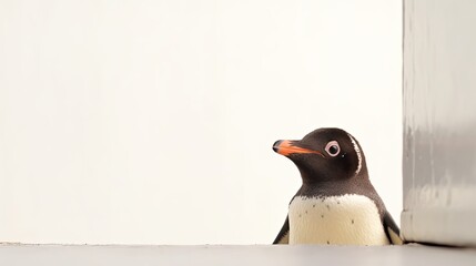 Charming and Curious Penguin Peeping Around a Shabby Corner on a White Background - Copy Space