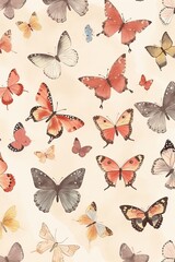 Swarm of colorful butterflies on beige background for wallpaper postcards greeting cards, watercolor illustration, paper