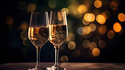 Cheers to a New Year: Celebrate with Two Glases of Gold Champagne on a Black & Gold Blurry Lights Background, Generative AI