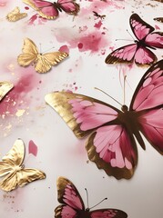 Image of Group of pink and gold butterflies on color surface for greeting card wedding invitation romantic event illustration birthday, valentines day artwork printed on Printed Glass Basin Splashbacks