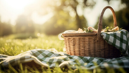 charming picnic setup in a sun drenched meadow, with a checkered blanket spread out on the grass and a basket full of delicious treats , summer, Generative AI - obrazy, fototapety, plakaty