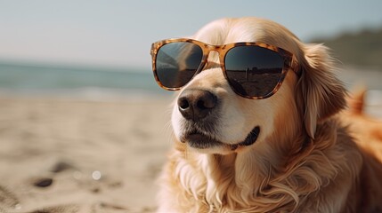 Cool Dog Tanning in Sunglasses at the Beach - Perfect Summer Vacation Image: Generative AI