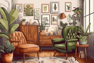 Creative Interior Design: A Generative Eclectic Apartment Decorated with Potted Plants, Wooden Cabinet, and Leather Brown Armchair with Cushion. Generative AI