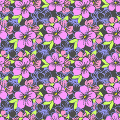 seamless pattern of pink silhouettes and blue contours of flowers on a gray background, texture, design