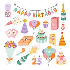 Cute hand drawn birthday set. Trendy holiday elements, party decoration, cupcakes, candles, gifts, balloons, party hat. Happy Birthday clipart collection for kid. Symbol of celebration, anniversary.