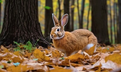 Naklejka na ściany i meble a rabbit is standing in the leaves in a forest with trees. generative ai