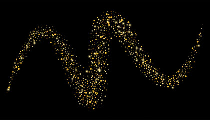 Gold glitter confetti on a black background. Shiny particles scattered, sand. Decorative element. Luxury background for your design, cards, invitations, vector