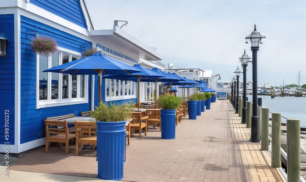 Poster a row of tables and chairs sitting next to a blue building. generative ai