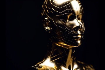 Gold metal abstract and futuristic woman mannequin portrait in black background. Generative AI