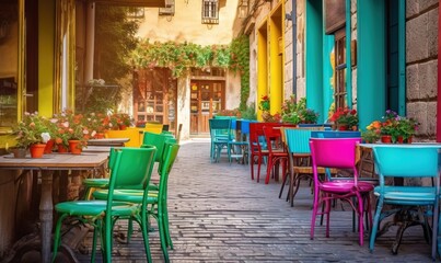 Obraz na płótnie Canvas a row of colorful chairs sitting next to each other on a sidewalk. generative ai