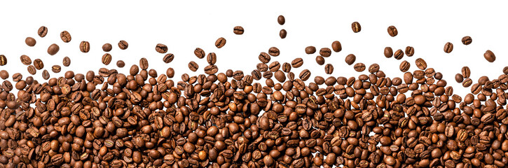 Coffee beans on transparent background. Top view of coffee beans. Copy space for text - obrazy, fototapety, plakaty