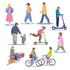 People doing various outdoor activities in the city flat vector set