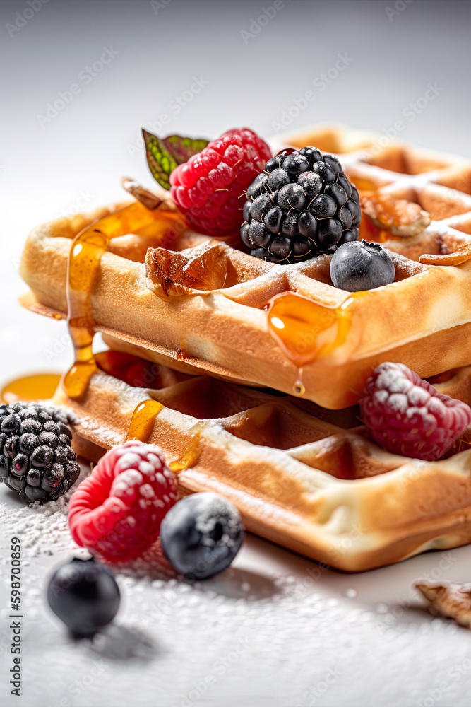 Poster a stack of waffles topped with berries and syrup. ai generative.