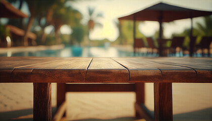 Empty wooden table in front of blurred pool resort. Wooden table background in resort. Ai generated image