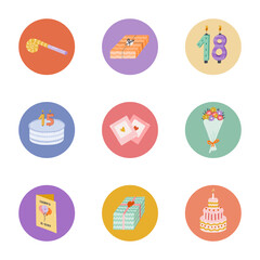 Cute and trendy highlights for different social media, bloggers and companies about birthday party, holiday, celebration, anniversary with flat illustrations. Vector hand drawn clipart.