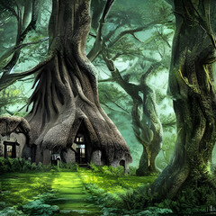 Magical Cottage Enveloped by Lush Ancient Trees, Rendered in High-Fantasy Digital Art. Generative AI.