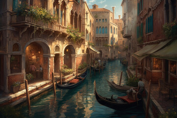 Fototapeta na wymiar A bustling Venetian canal scene with gondolas. generative AI
