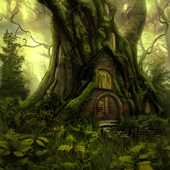 Whimsical Digital Art of a Cottage in a High-Fantasy World Overgrown with Ancient Trees. Generative AI.