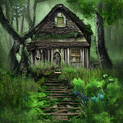Stunning High-Fantasy Digital Art of a Cottage Overgrown by Enchanted Ancient Trees. Generative AI.
