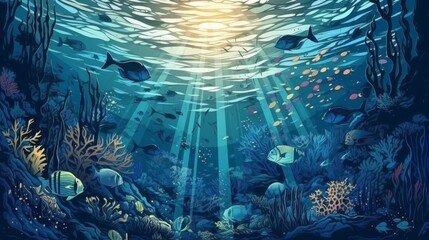 Ocean with fishes,coral reef and rays of lights. Made with Generative AI.