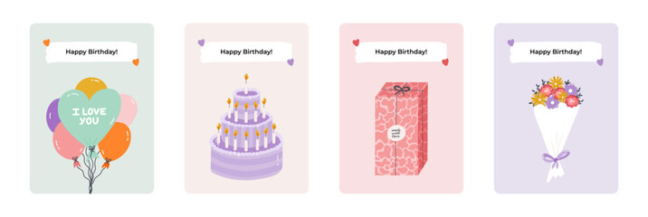 Set of cute postcard for Happy Birthday. Trendy and minimalistic posters with lettering and hand drawn illustration about birthday party, holiday, celebration, anniversary. Greeting card template.