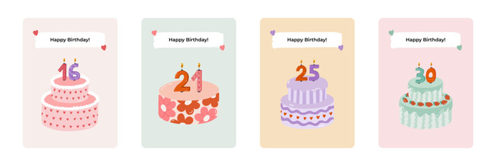 Set of cute postcard for Happy Birthday. Trendy and minimalistic posters with lettering and hand drawn illustration about birthday party, holiday, celebration, anniversary. Greeting card template.
