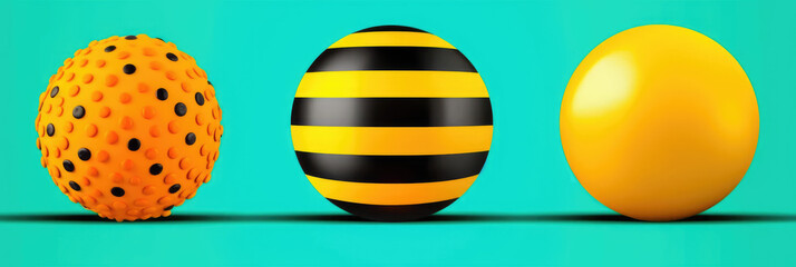 Fototapeta premium three balls, spheres, yellow and black on turquoise background. Generative AI image.