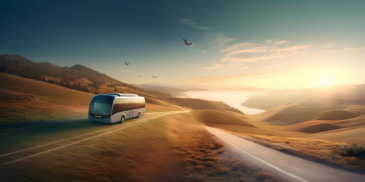 Modern comfortable tourist bus driving at bright sunny sunset. Generative AI content
