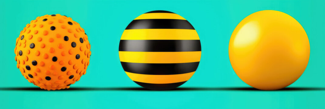 three balls, spheres, yellow and black on turquoise background. Generative AI image.