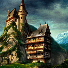 High-Fantasy Digital Art of a Medieval German Castle in the Shadow of Majestic Mountains. Generative AI.