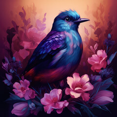 bird with pink and purple flowers. Generative AI image.