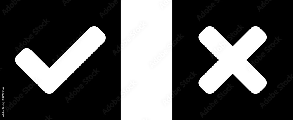 Poster yes and no or right and wrong or approved and declined icons with check mark and x signs in black an