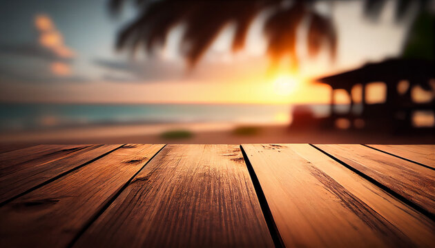 Empty wooden table in front of blurred tropical beach on sunset evening. Wooden background in beach. Ai generated image