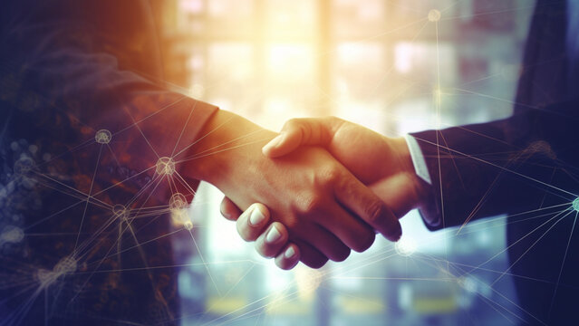Double exposure image of investor business man handshake with partner with digital network link. Illustrative Generative AI. Not a real person.