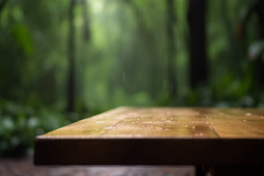 Empty wooden table in the rainy tropical forest with blurred background