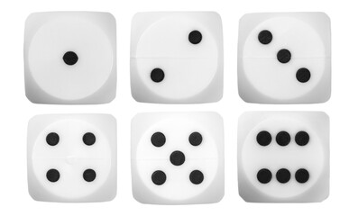 Set gambling dice, macro isolated on white background, top view and clipping path
