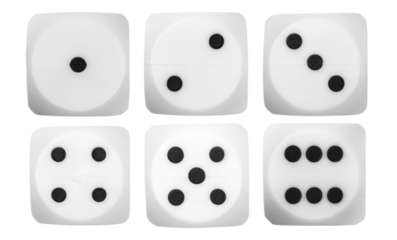 Set gambling dice, macro isolated on white background, top view and clipping path