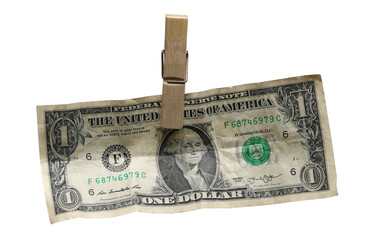 One dollar bill, banknote dry hanging on clothesline string with a clothespin, money laundering,...