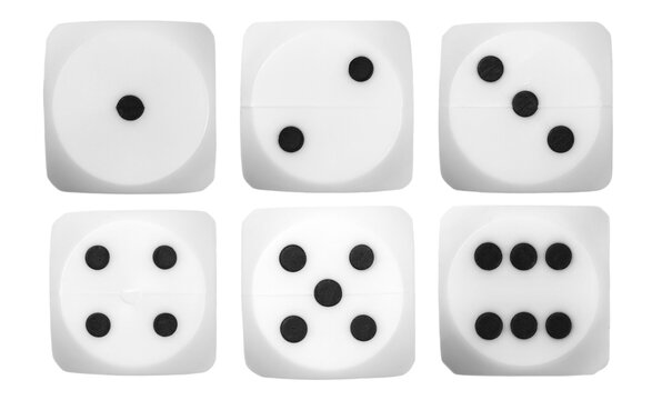 Set gambling dice, macro isolated on white background, top view and clipping path