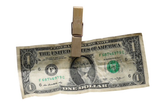 One dollar bill, banknote dry hanging on clothesline string with a clothespin, money laundering, isolated on white background